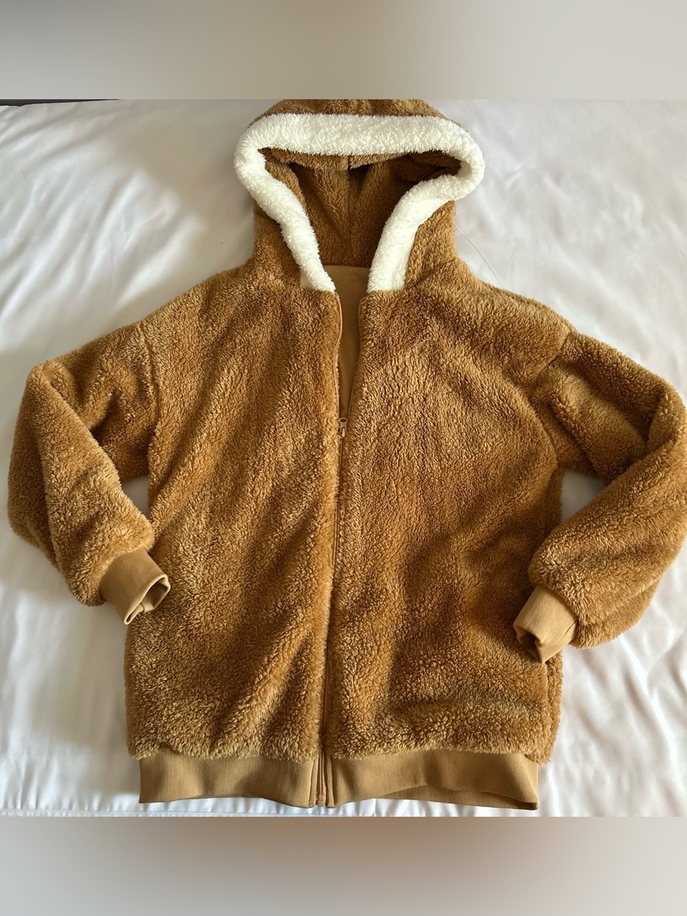 Brown Sherpa Teddy Fleece Full Zip Front Hooded Jacket Size Small